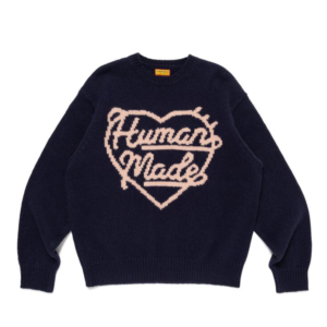 Human Made Heart Knit Sweater Navy front view with classic heart knit design