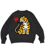Human Made Tiger Graphic Sweater Charcoal front view with tiger graphic