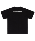 Human Made White Printed Black T Shirt back view with Wasted Youth print
