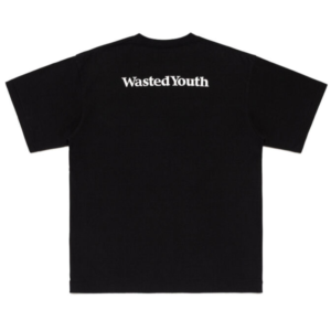 Human Made White Printed Black T Shirt back view with Wasted Youth print
