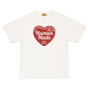Front view of the Human Made Red Heart White Graphic T Shirt, showing the white base and visible red heart graphic.