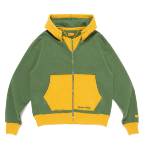 Human Made Zip-Up After Hoodie Green front view with two-tone panels and embroidered logo